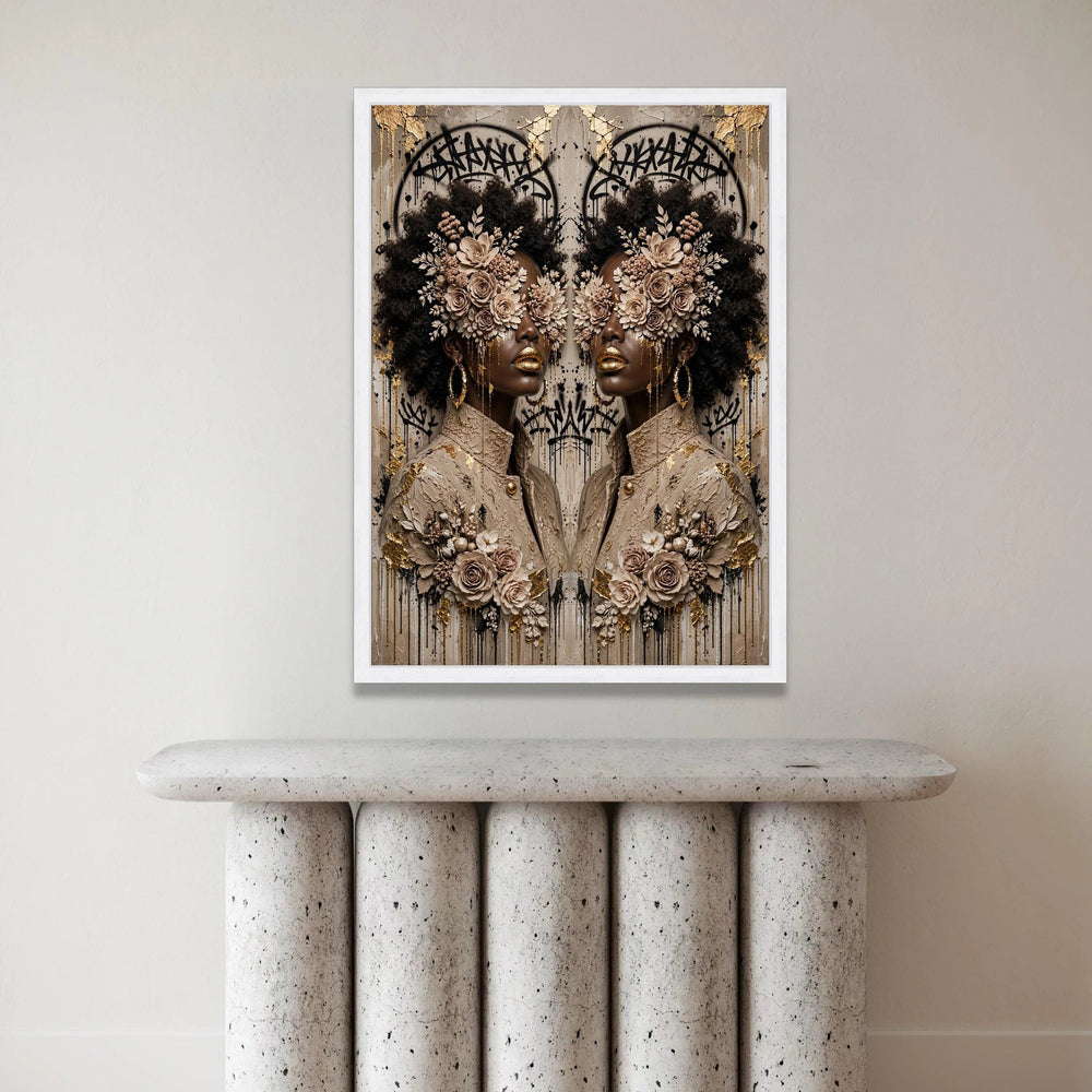 Elegant Afro Woman Portrait Canvas, Floral Face Art, Gold Accent Wall Art, Modern Abstract Canvas, Fashion Home Decoration Canvas Print Art