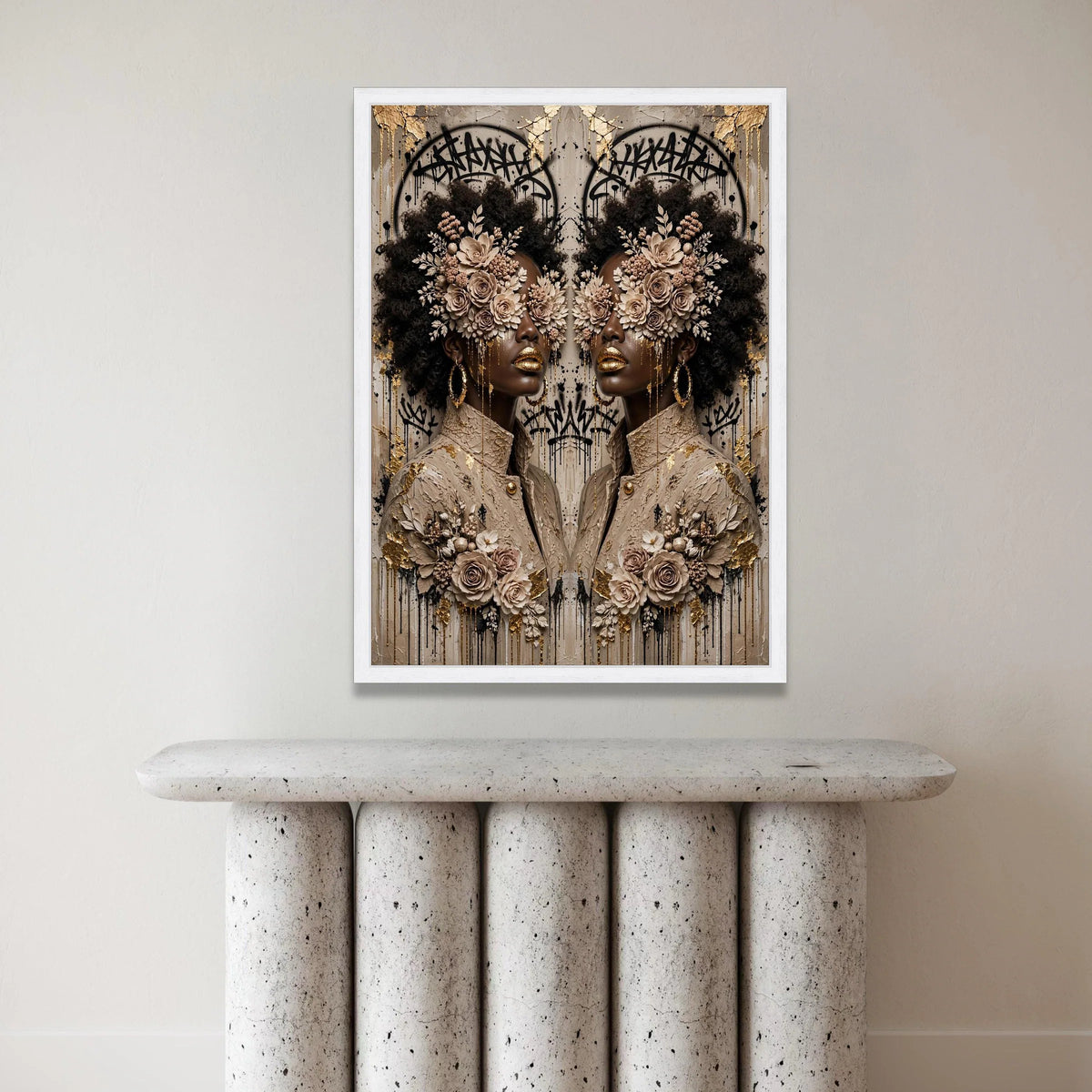 Elegant Afro Woman Portrait Canvas, Floral Face Art, Gold Accent Wall Art, Modern Abstract Canvas, Fashion Home Decoration Canvas Print Art
