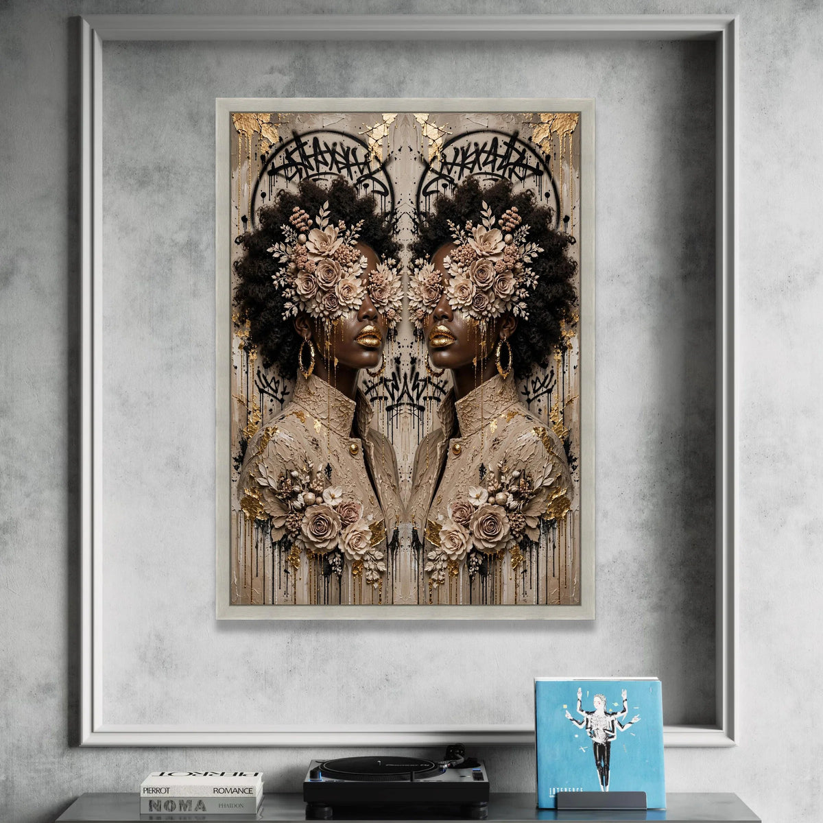 Elegant Afro Woman Portrait Canvas, Floral Face Art, Gold Accent Wall Art, Modern Abstract Canvas, Fashion Home Decoration Canvas Print Art