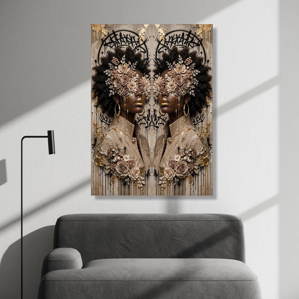 Elegant Afro Woman Portrait Canvas, Floral Face Art, Gold Accent Wall Art, Modern Abstract Canvas, Fashion Home Decoration Canvas Print Art
