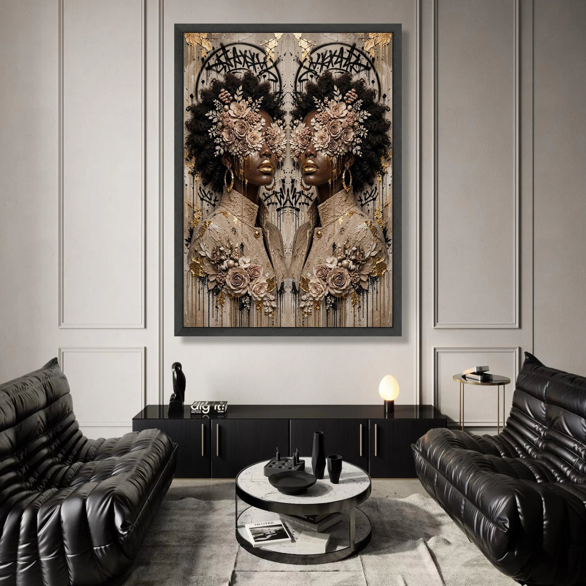 Elegant Afro Woman Portrait Canvas, Floral Face Art, Gold Accent Wall Art, Modern Abstract Canvas, Fashion Home Decoration Canvas Print Art
