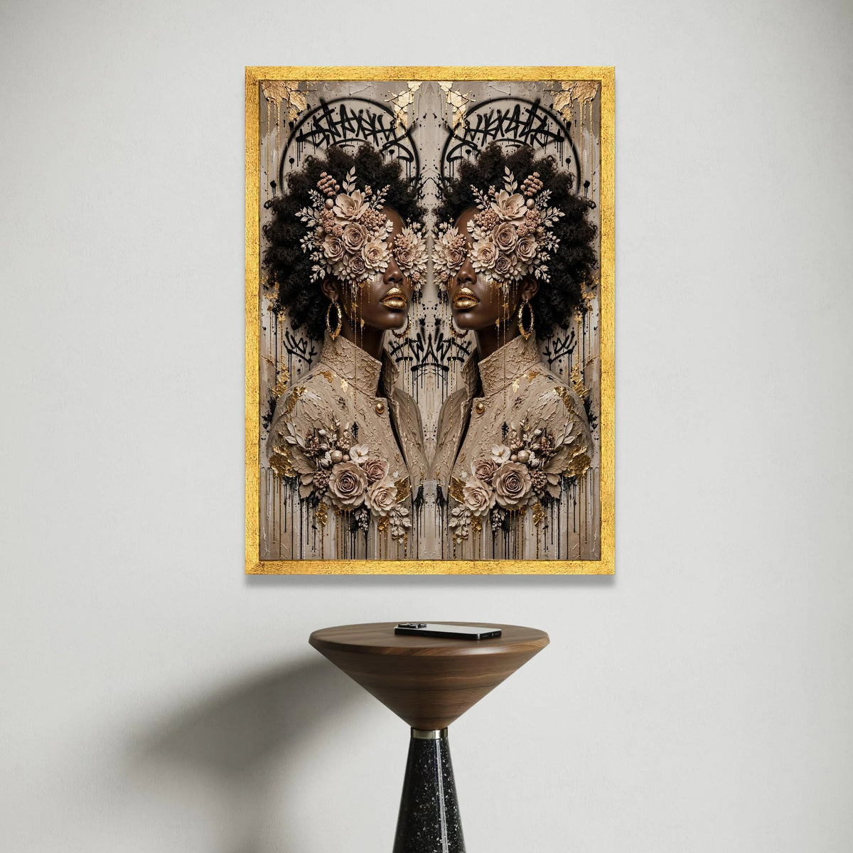 Elegant Afro Woman Portrait Canvas, Floral Face Art, Gold Accent Wall Art, Modern Abstract Canvas, Fashion Home Decoration Canvas Print Art