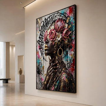 Elegant African Woman Portrait Canvas, Floral Crown Wall Art, Gold Accents Canvas, Urban Graffiti Background, Contemporary Canvas Print Art