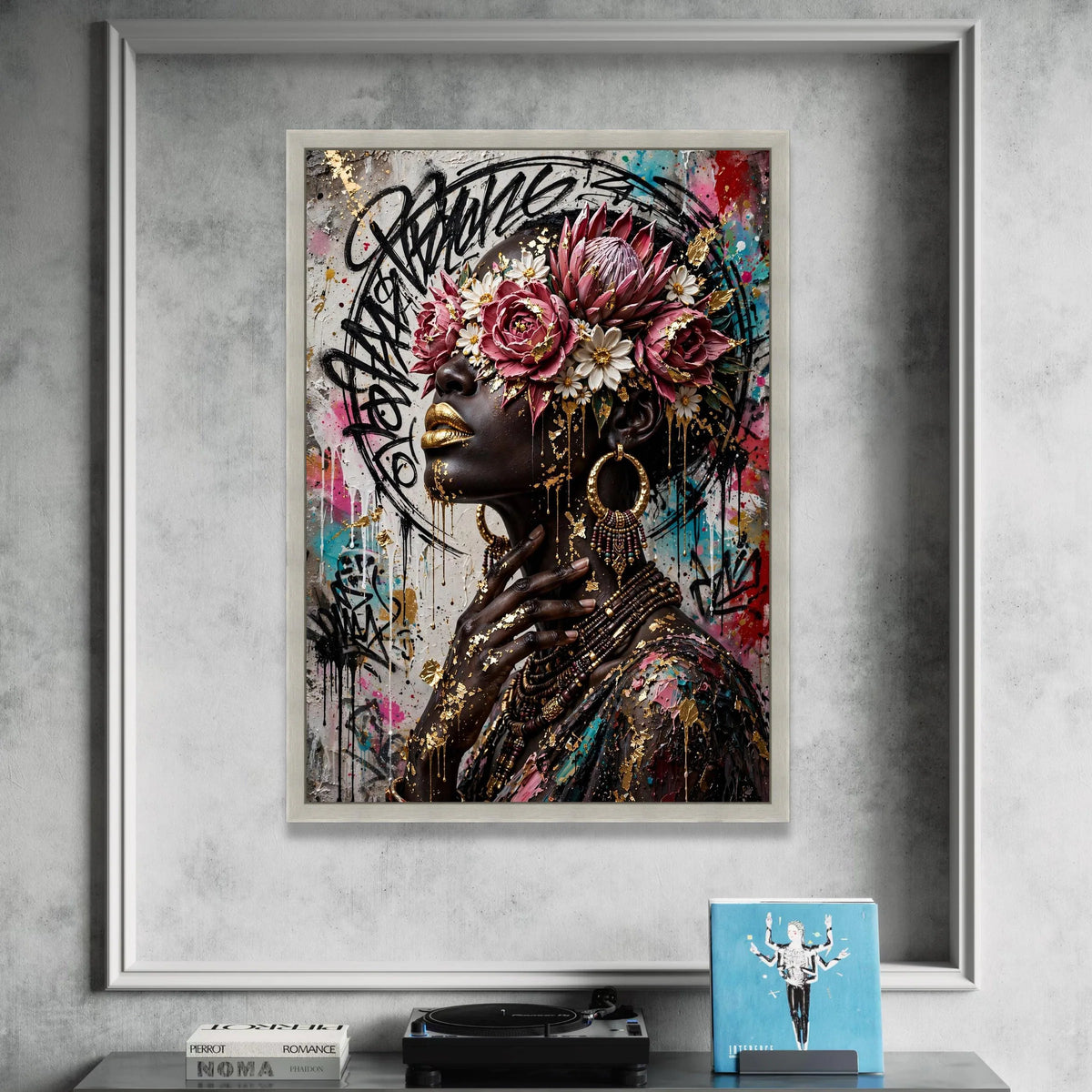 Elegant African Woman Portrait Canvas, Floral Crown Wall Art, Gold Accents Canvas, Urban Graffiti Background, Contemporary Canvas Print Art
