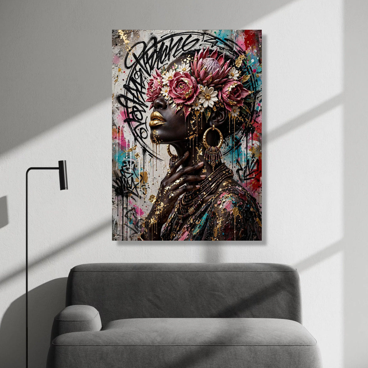 Elegant African Woman Portrait Canvas, Floral Crown Wall Art, Gold Accents Canvas, Urban Graffiti Background, Contemporary Canvas Print Art