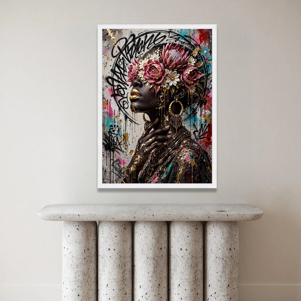Elegant African Woman Portrait Canvas, Floral Crown Wall Art, Gold Accents Canvas, Urban Graffiti Background, Contemporary Canvas Print Art