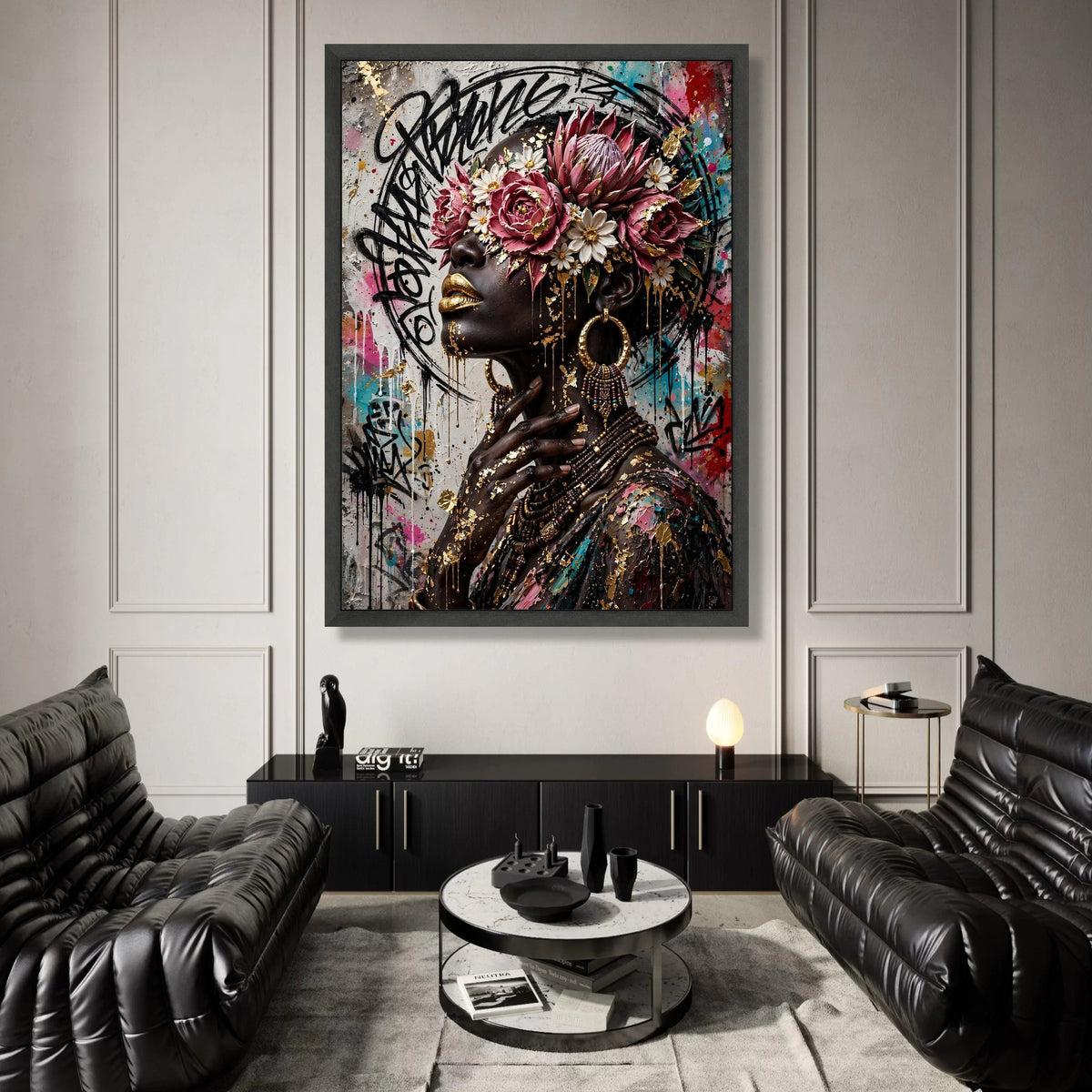 Elegant African Woman Portrait Canvas, Floral Crown Wall Art, Gold Accents Canvas, Urban Graffiti Background, Contemporary Canvas Print Art