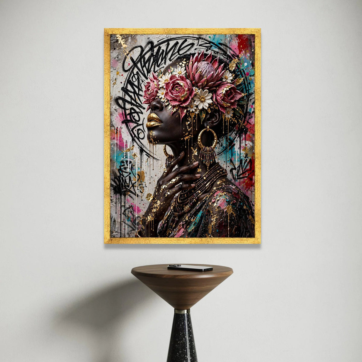 Elegant African Woman Portrait Canvas, Floral Crown Wall Art, Gold Accents Canvas, Urban Graffiti Background, Contemporary Canvas Print Art