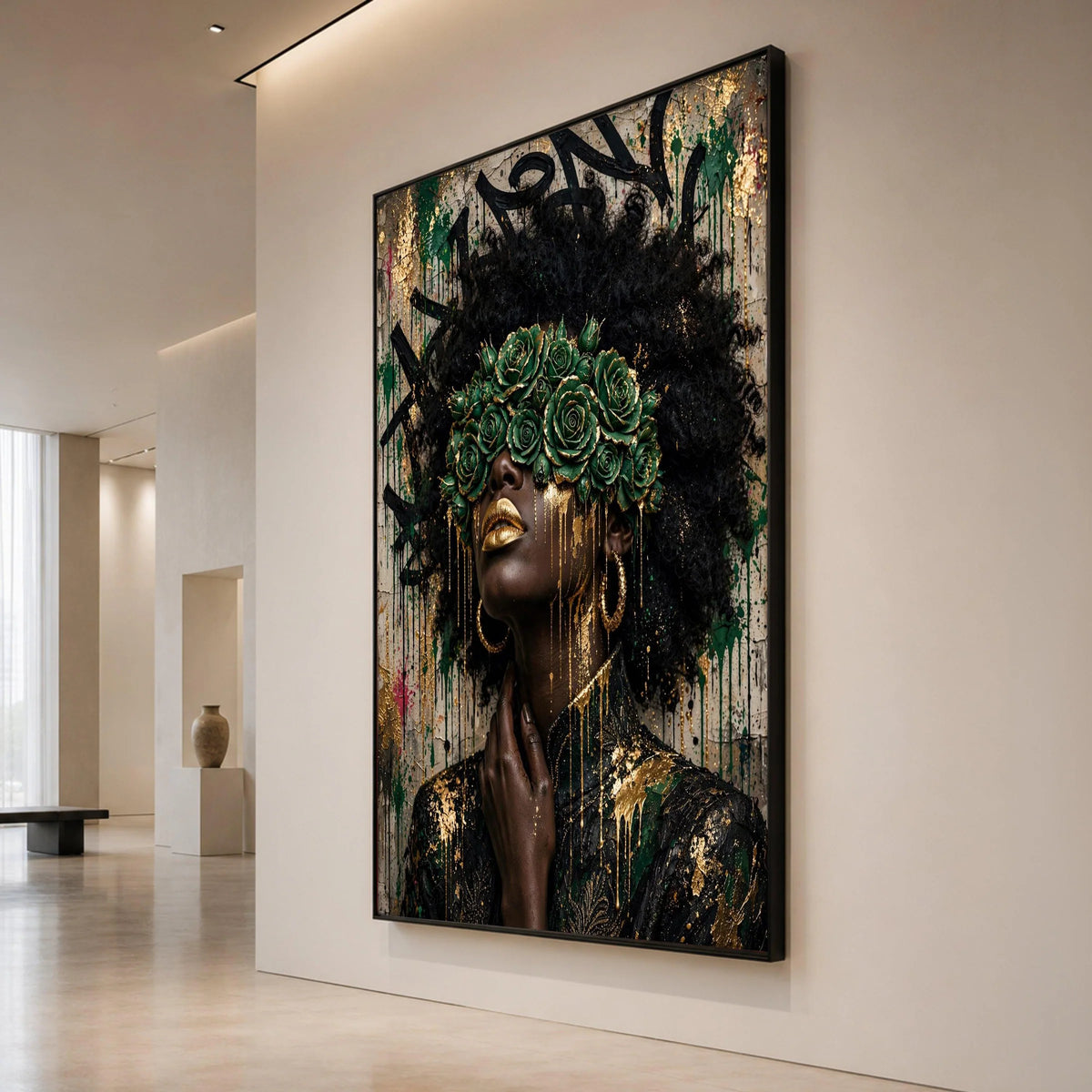 Elegant Black Woman Portrait Canvas, Green Rose Crown Wall Art, Gold Accents Female Canvas, Afro Art Decoration, Fashion Canvas Print Art