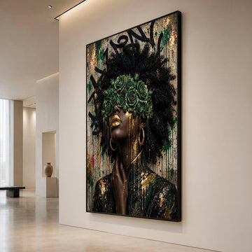 Elegant Black Woman Portrait Canvas, Green Rose Crown Wall Art, Gold Accents Female Canvas, Afro Art Decoration, Fashion Canvas Print Art