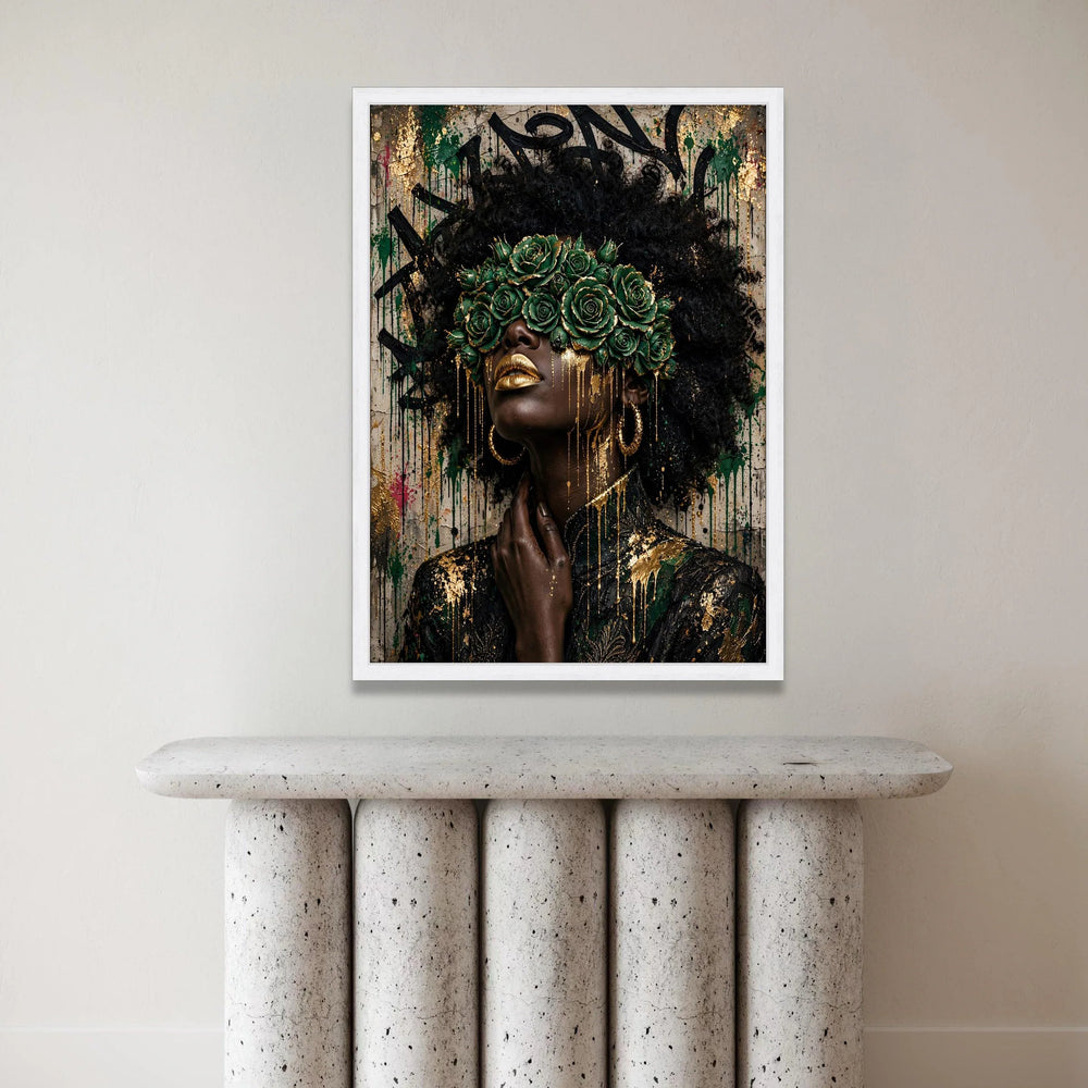 Elegant Black Woman Portrait Canvas, Green Rose Crown Wall Art, Gold Accents Female Canvas, Afro Art Decoration, Fashion Canvas Print Art