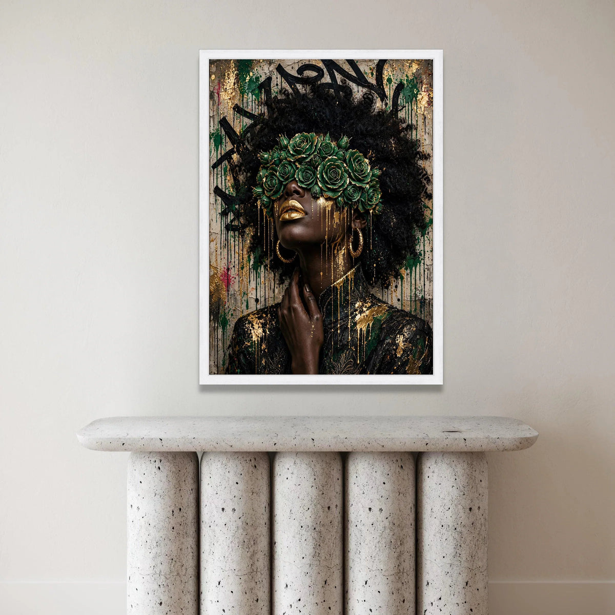 Elegant Black Woman Portrait Canvas, Green Rose Crown Wall Art, Gold Accents Female Canvas, Afro Art Decoration, Fashion Canvas Print Art
