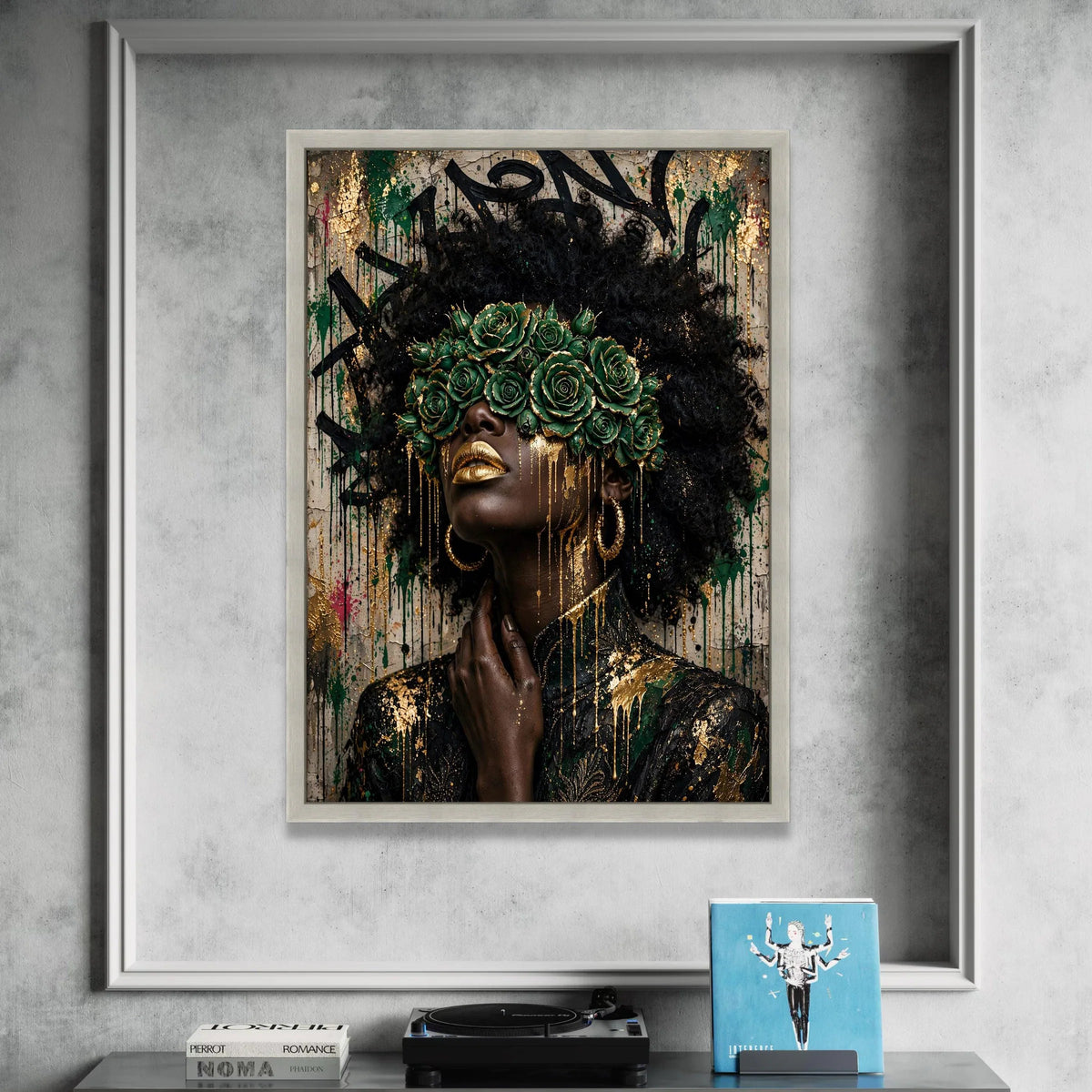 Elegant Black Woman Portrait Canvas, Green Rose Crown Wall Art, Gold Accents Female Canvas, Afro Art Decoration, Fashion Canvas Print Art