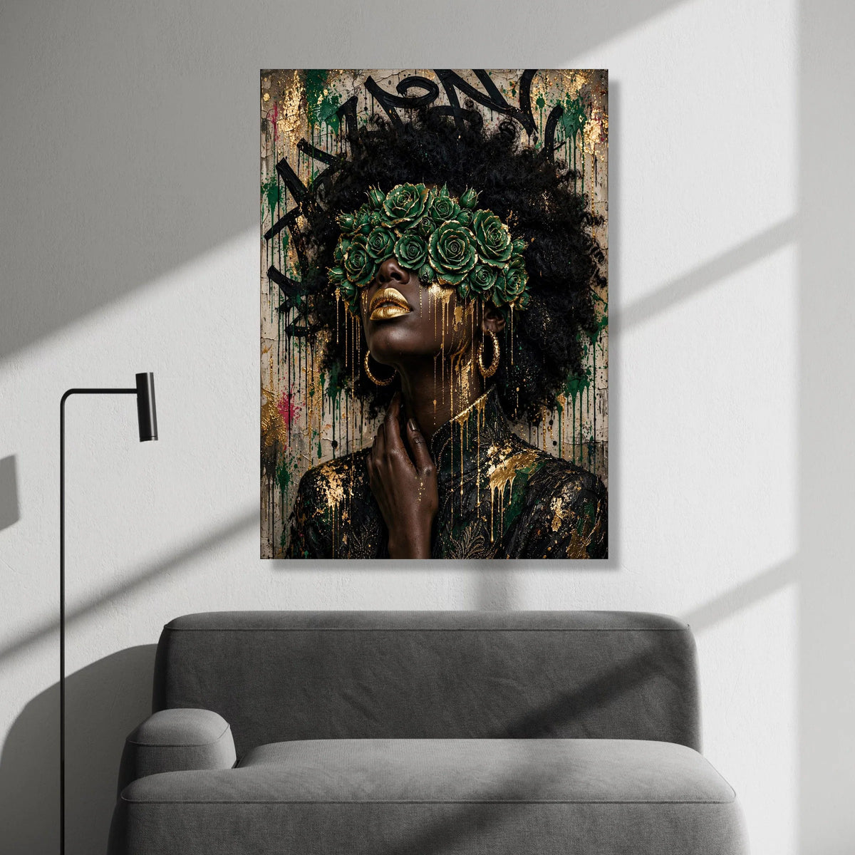 Elegant Black Woman Portrait Canvas, Green Rose Crown Wall Art, Gold Accents Female Canvas, Afro Art Decoration, Fashion Canvas Print Art