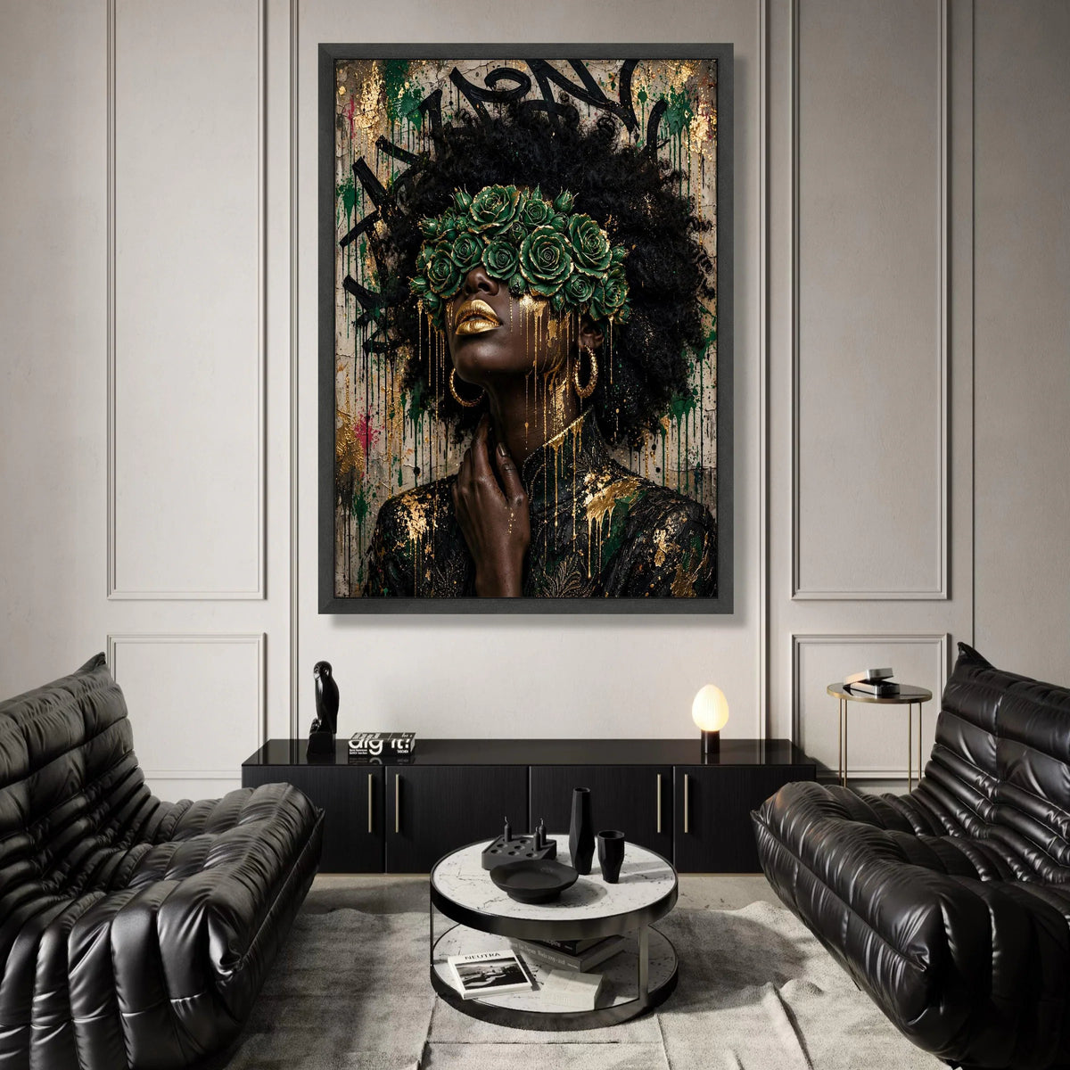 Elegant Black Woman Portrait Canvas, Green Rose Crown Wall Art, Gold Accents Female Canvas, Afro Art Decoration, Fashion Canvas Print Art