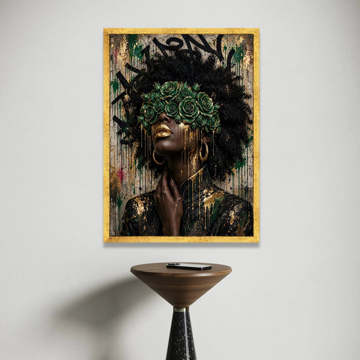 Elegant Black Woman Portrait Canvas, Green Rose Crown Wall Art, Gold Accents Female Canvas, Afro Art Decoration, Fashion Canvas Print Art