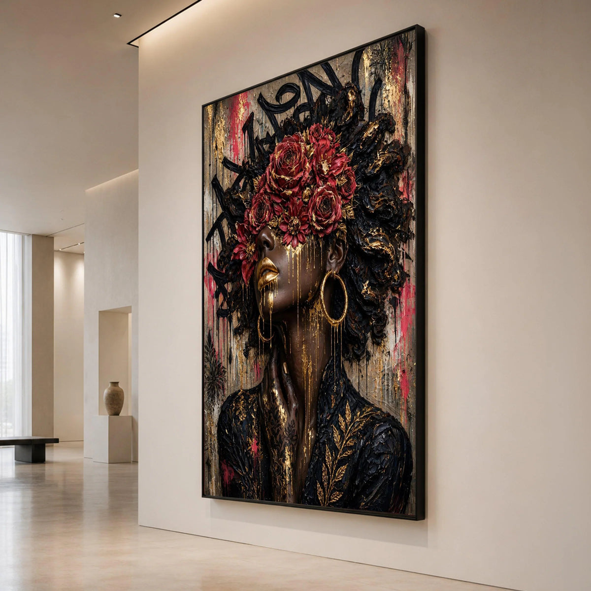 Elegant Black Woman Portrait Canvas, Red Roses Floral Crown, Gold Accents Wall Art, Modern Afrocentric Canvas, Glamorous Canvas Print Art