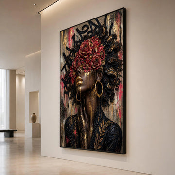 Elegant Black Woman Portrait Canvas, Red Roses Floral Crown, Gold Accents Wall Art, Modern Afrocentric Canvas, Glamorous Canvas Print Art