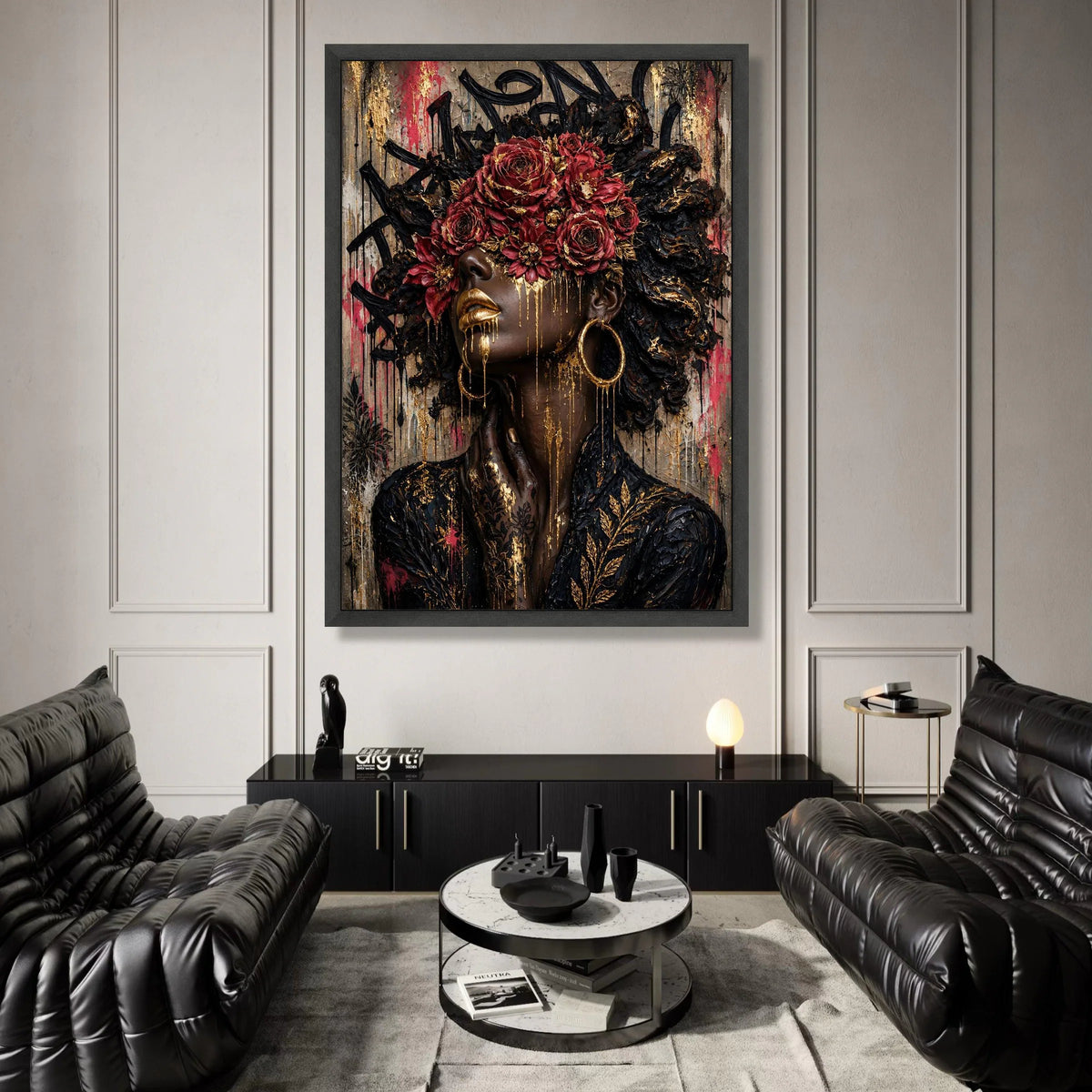 Elegant Black Woman Portrait Canvas, Red Roses Floral Crown, Gold Accents Wall Art, Modern Afrocentric Canvas, Glamorous Canvas Print Art