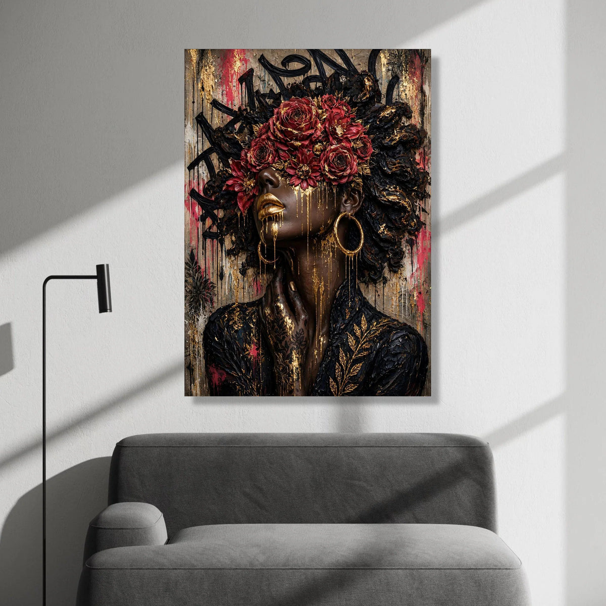 Elegant Black Woman Portrait Canvas, Red Roses Floral Crown, Gold Accents Wall Art, Modern Afrocentric Canvas, Glamorous Canvas Print Art