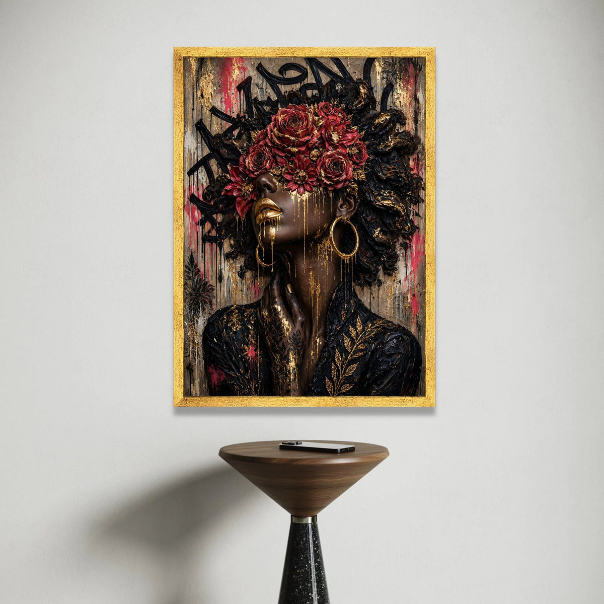 Elegant Black Woman Portrait Canvas, Red Roses Floral Crown, Gold Accents Wall Art, Modern Afrocentric Canvas, Glamorous Canvas Print Art