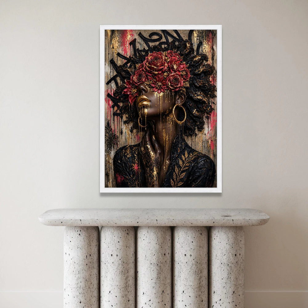 Elegant Black Woman Portrait Canvas, Red Roses Floral Crown, Gold Accents Wall Art, Modern Afrocentric Canvas, Glamorous Canvas Print Art