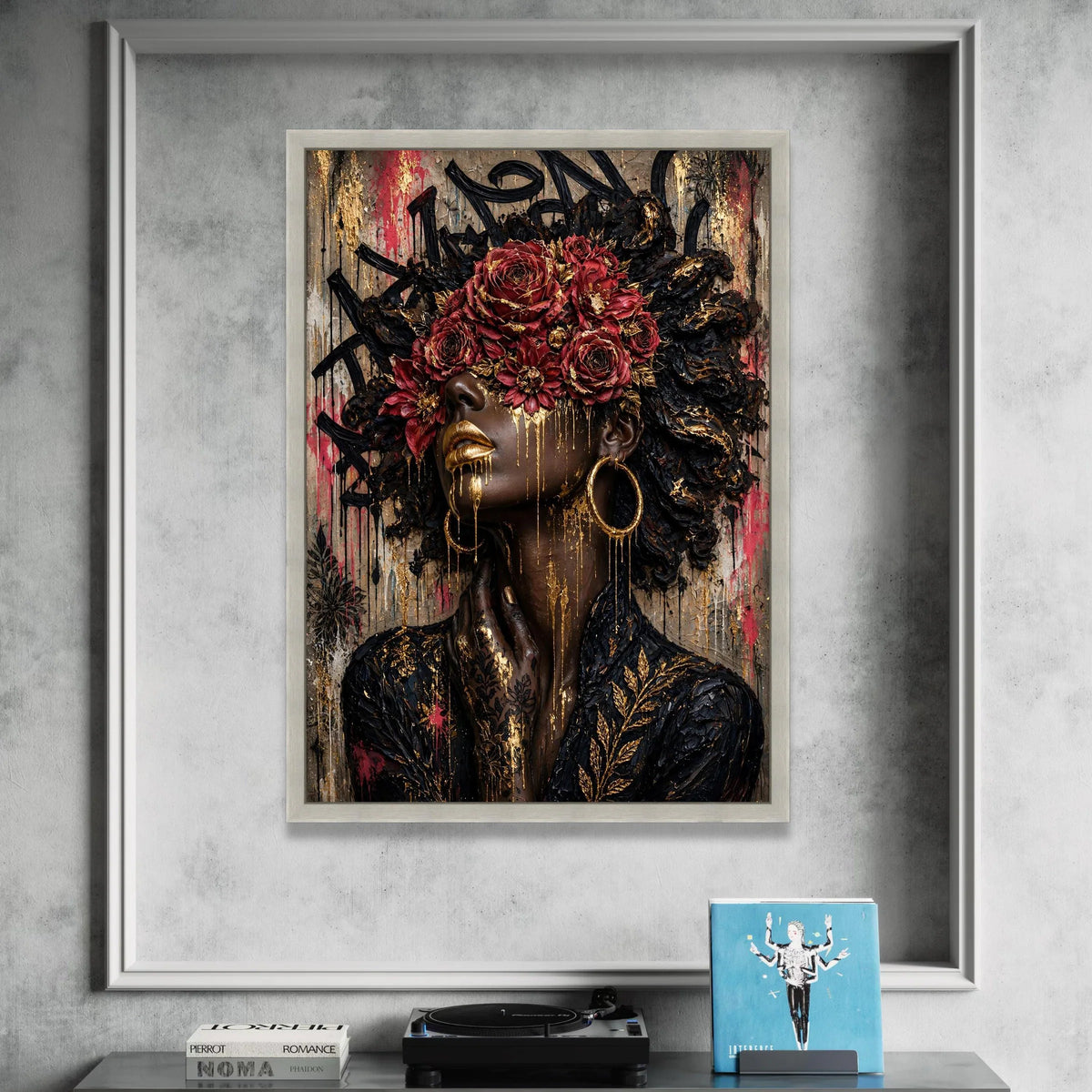Elegant Black Woman Portrait Canvas, Red Roses Floral Crown, Gold Accents Wall Art, Modern Afrocentric Canvas, Glamorous Canvas Print Art
