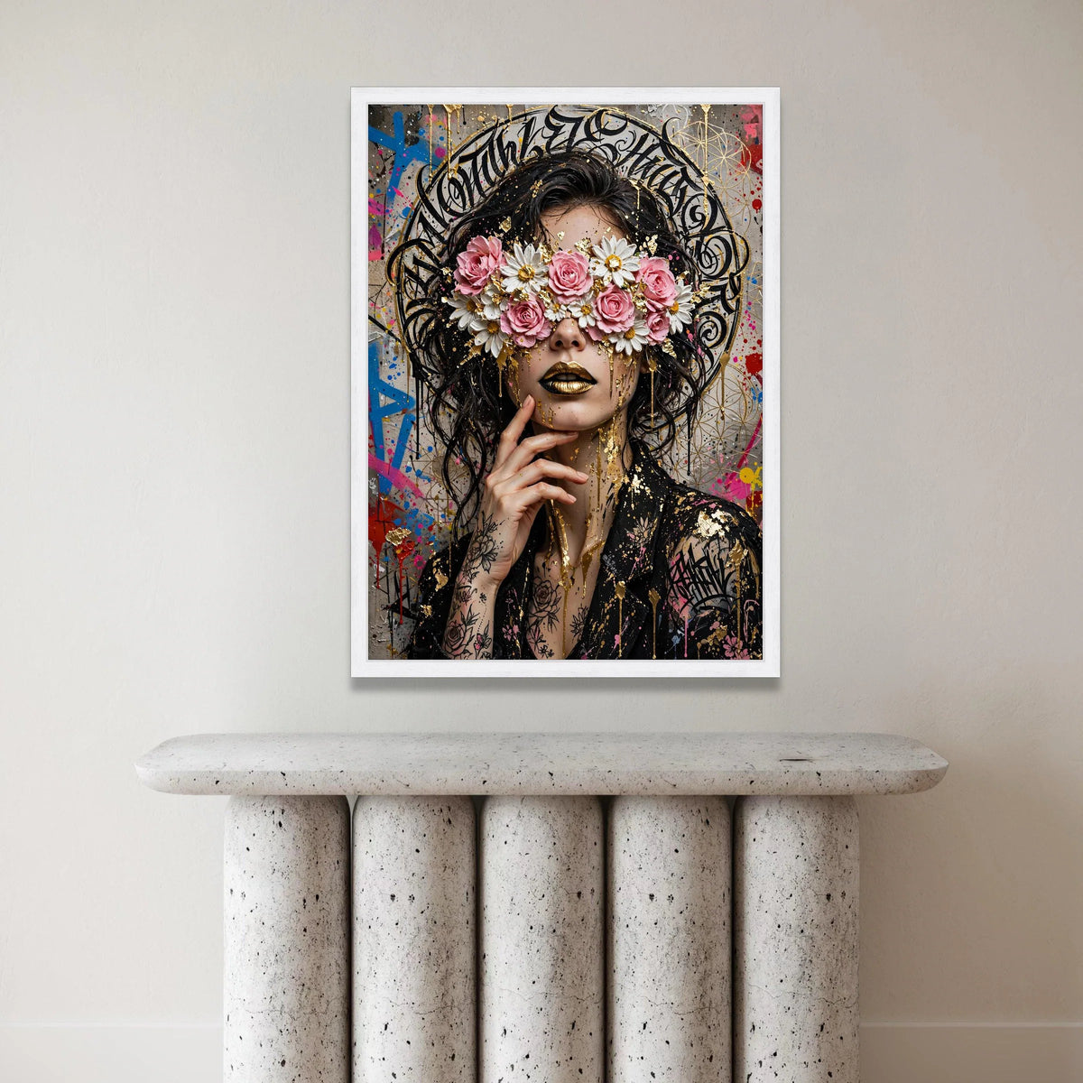 Floral Eyes Mystery Woman Canvas, Golden Lips Wall Art, Urban Graffiti Style, Contemporary Portrait Canvas, Modern Artistic Canvas Print Art