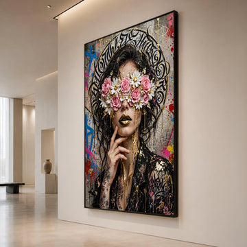 Floral Eyes Mystery Woman Canvas, Golden Lips Wall Art, Urban Graffiti Style, Contemporary Portrait Canvas, Modern Artistic Canvas Print Art