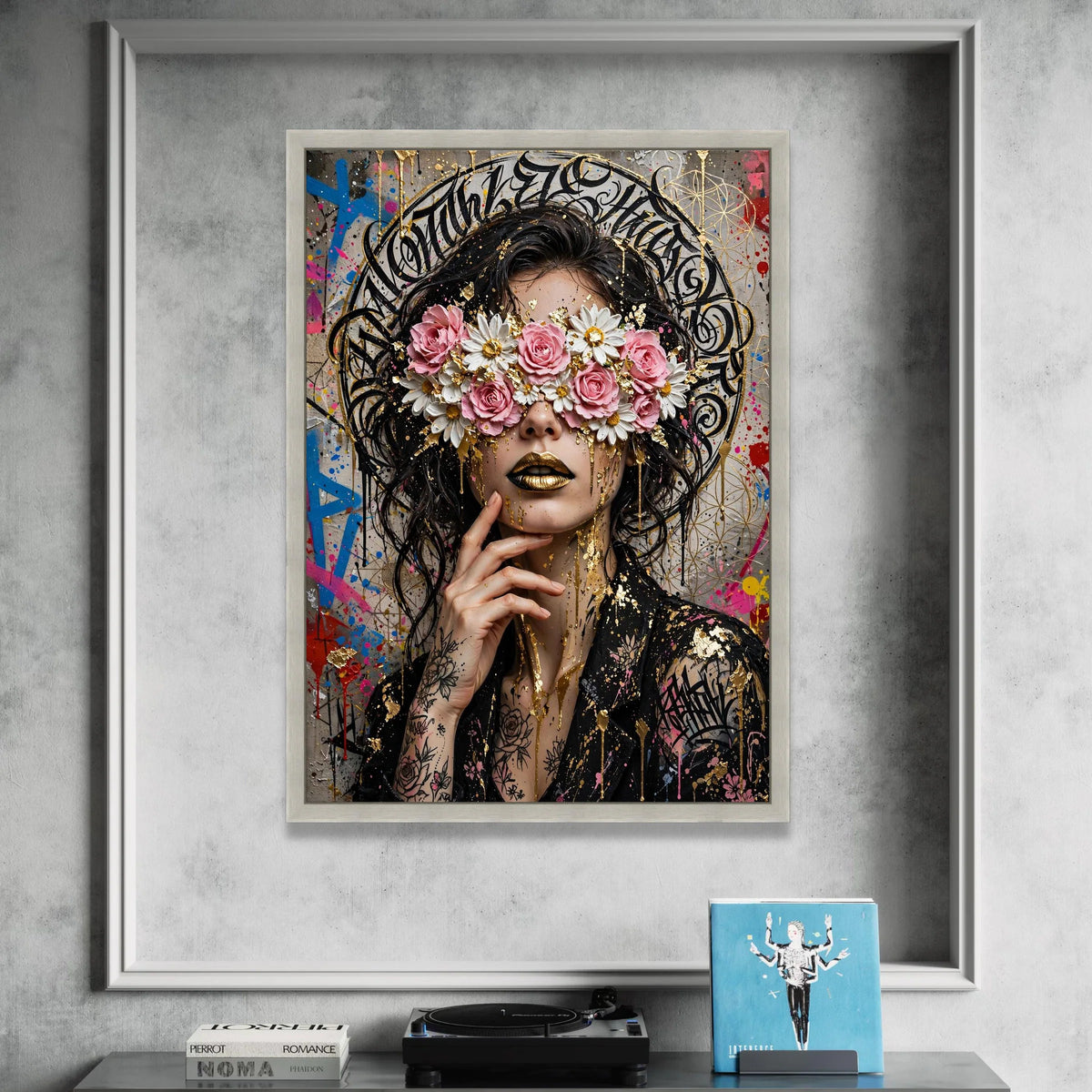 Floral Eyes Mystery Woman Canvas, Golden Lips Wall Art, Urban Graffiti Style, Contemporary Portrait Canvas, Modern Artistic Canvas Print Art