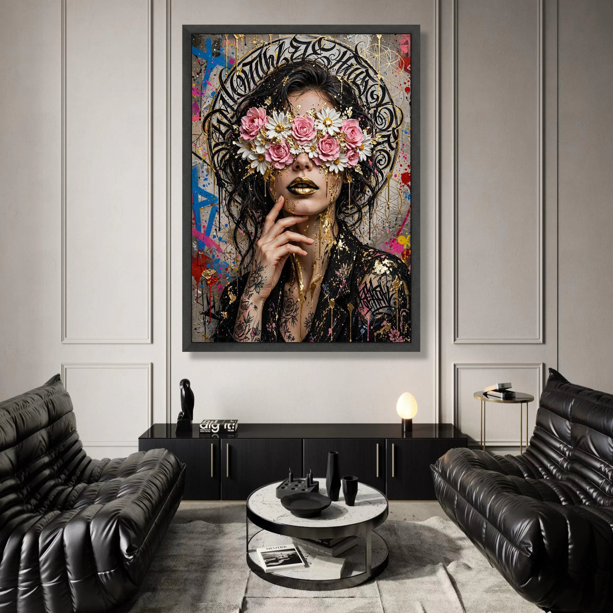 Floral Eyes Mystery Woman Canvas, Golden Lips Wall Art, Urban Graffiti Style, Contemporary Portrait Canvas, Modern Artistic Canvas Print Art
