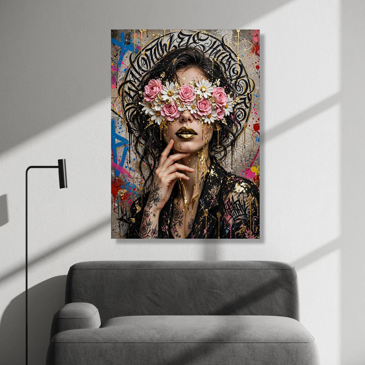 Floral Eyes Mystery Woman Canvas, Golden Lips Wall Art, Urban Graffiti Style, Contemporary Portrait Canvas, Modern Artistic Canvas Print Art