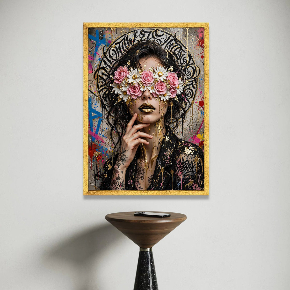 Floral Eyes Mystery Woman Canvas, Golden Lips Wall Art, Urban Graffiti Style, Contemporary Portrait Canvas, Modern Artistic Canvas Print Art