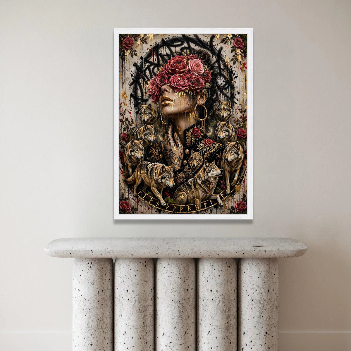 Mystical Woman with Red Roses and Wolves Canvas, Gold Accents Wall Art, Floral and Animal Theme Canvas, Modern Decorative Canvas Print Art
