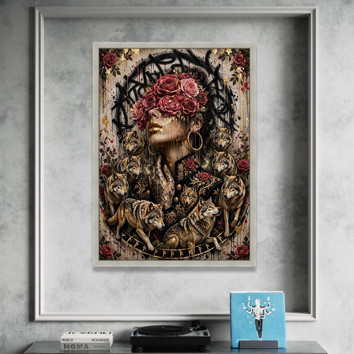 Mystical Woman with Red Roses and Wolves Canvas, Gold Accents Wall Art, Floral and Animal Theme Canvas, Modern Decorative Canvas Print Art