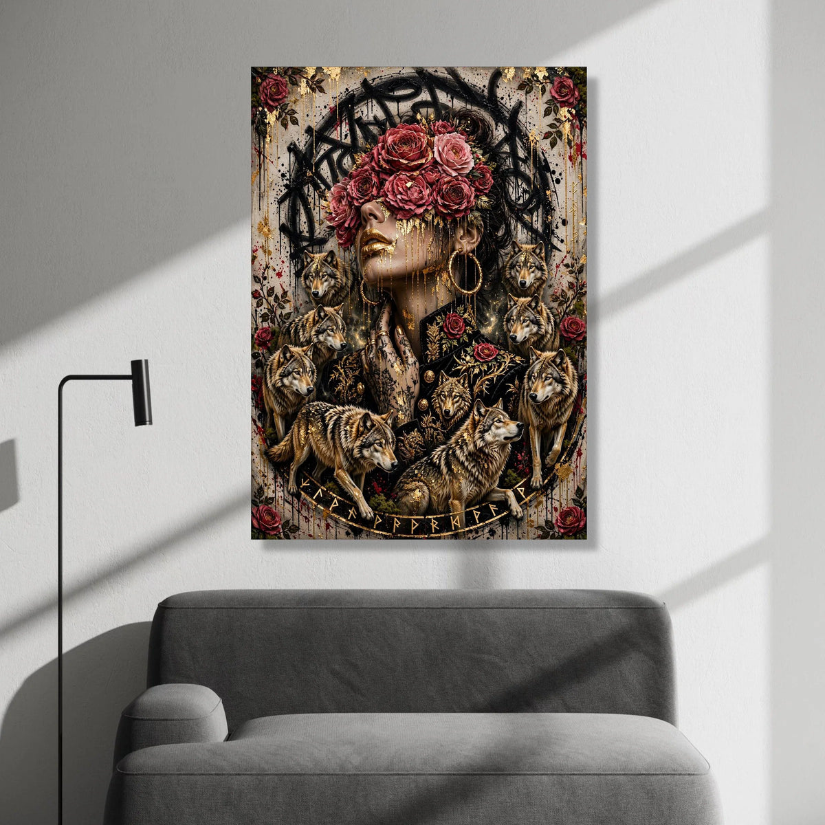 Mystical Woman with Red Roses and Wolves Canvas, Gold Accents Wall Art, Floral and Animal Theme Canvas, Modern Decorative Canvas Print Art