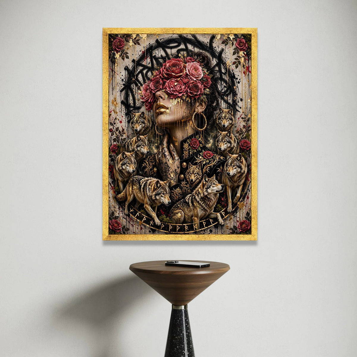 Mystical Woman with Red Roses and Wolves Canvas, Gold Accents Wall Art, Floral and Animal Theme Canvas, Modern Decorative Canvas Print Art