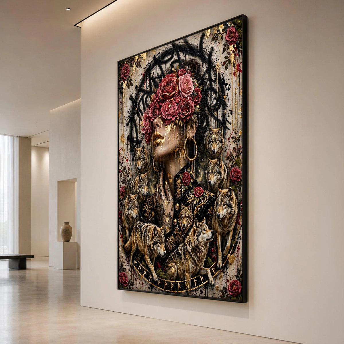 Mystical Woman with Red Roses and Wolves Canvas, Gold Accents Wall Art, Floral and Animal Theme Canvas, Modern Decorative Canvas Print Art