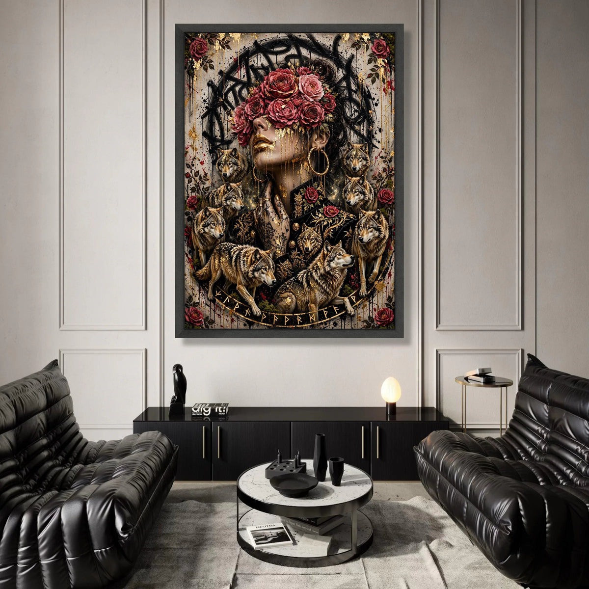 Mystical Woman with Red Roses and Wolves Canvas, Gold Accents Wall Art, Floral and Animal Theme Canvas, Modern Decorative Canvas Print Art
