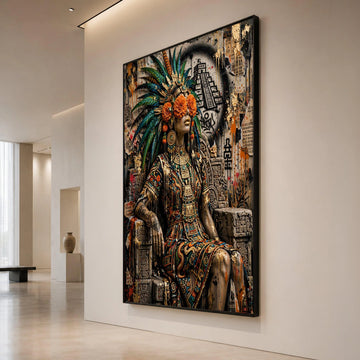 Aztec Queen Portrait Canvas, Tribal Headdress Wall Art, Ancient Culture Decoration, Vibrant Floral Face Art, Ready to Hang Canvas Print Art