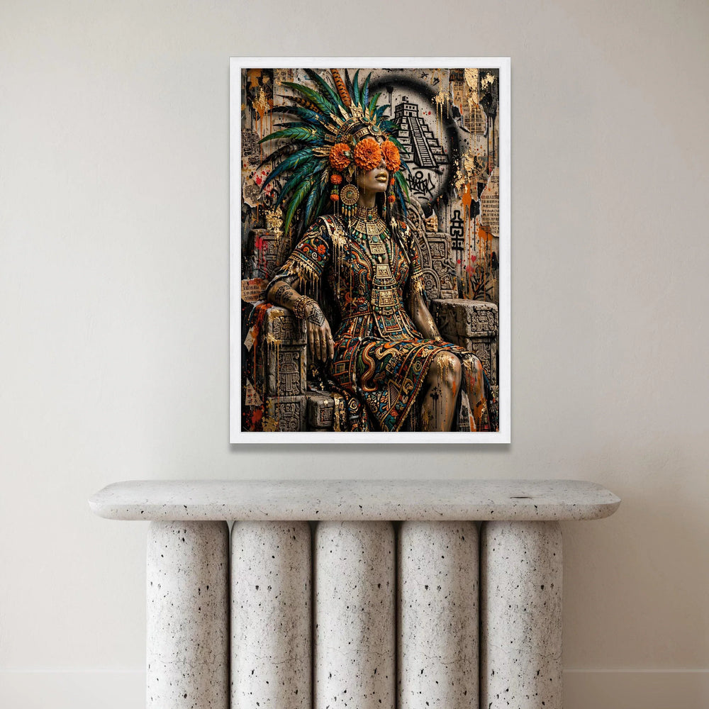 Aztec Queen Portrait Canvas, Tribal Headdress Wall Art, Ancient Culture Decoration, Vibrant Floral Face Art, Ready to Hang Canvas Print Art