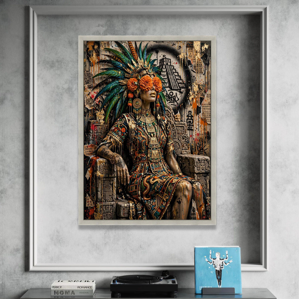 Aztec Queen Portrait Canvas, Tribal Headdress Wall Art, Ancient Culture Decoration, Vibrant Floral Face Art, Ready to Hang Canvas Print Art