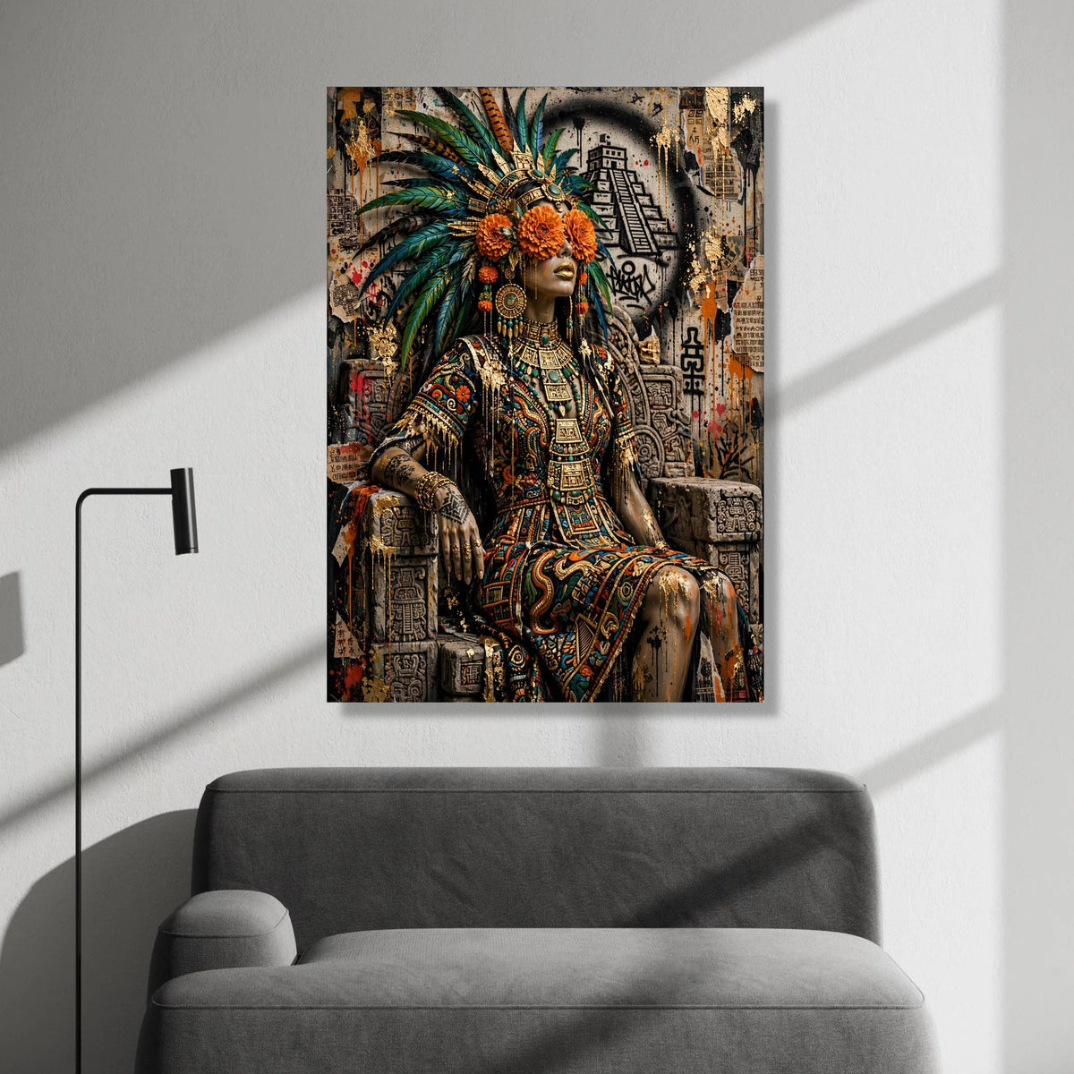 Aztec Queen Portrait Canvas, Tribal Headdress Wall Art, Ancient Culture Decoration, Vibrant Floral Face Art, Ready to Hang Canvas Print Art