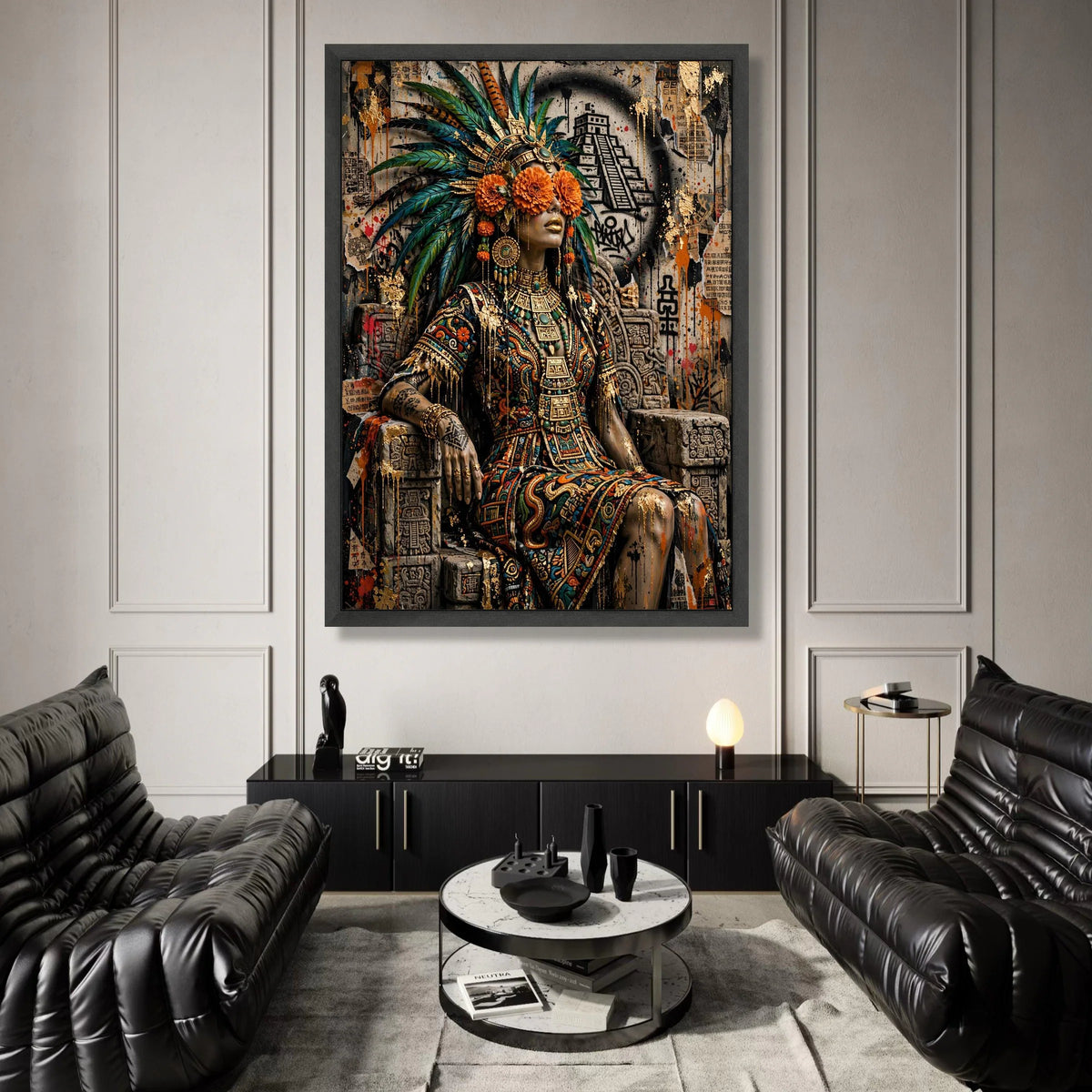 Aztec Queen Portrait Canvas, Tribal Headdress Wall Art, Ancient Culture Decoration, Vibrant Floral Face Art, Ready to Hang Canvas Print Art