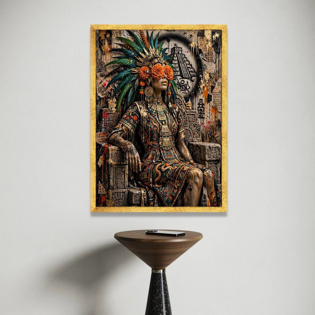Aztec Queen Portrait Canvas, Tribal Headdress Wall Art, Ancient Culture Decoration, Vibrant Floral Face Art, Ready to Hang Canvas Print Art