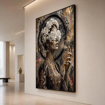 Elegant Woman with Floral Crown, Gold Accents Canvas, Luxury Portrait Wall Art, Modern Baroque Style Canvas, Glamorous Home Canvas Print Art