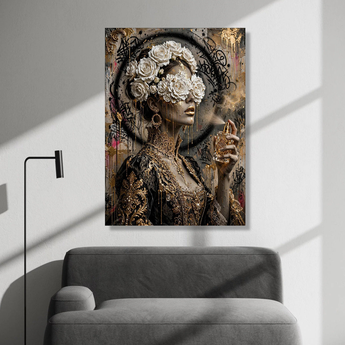 Elegant Woman with Floral Crown, Gold Accents Canvas, Luxury Portrait Wall Art, Modern Baroque Style Canvas, Glamorous Home Canvas Print Art