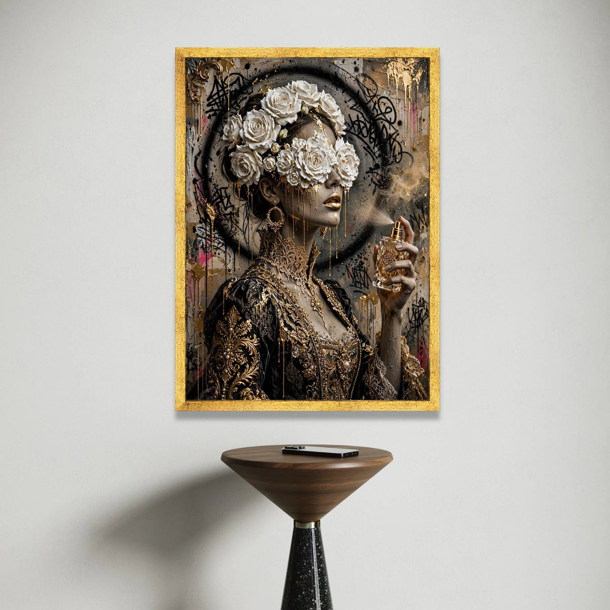 Elegant Woman with Floral Crown, Gold Accents Canvas, Luxury Portrait Wall Art, Modern Baroque Style Canvas, Glamorous Home Canvas Print Art