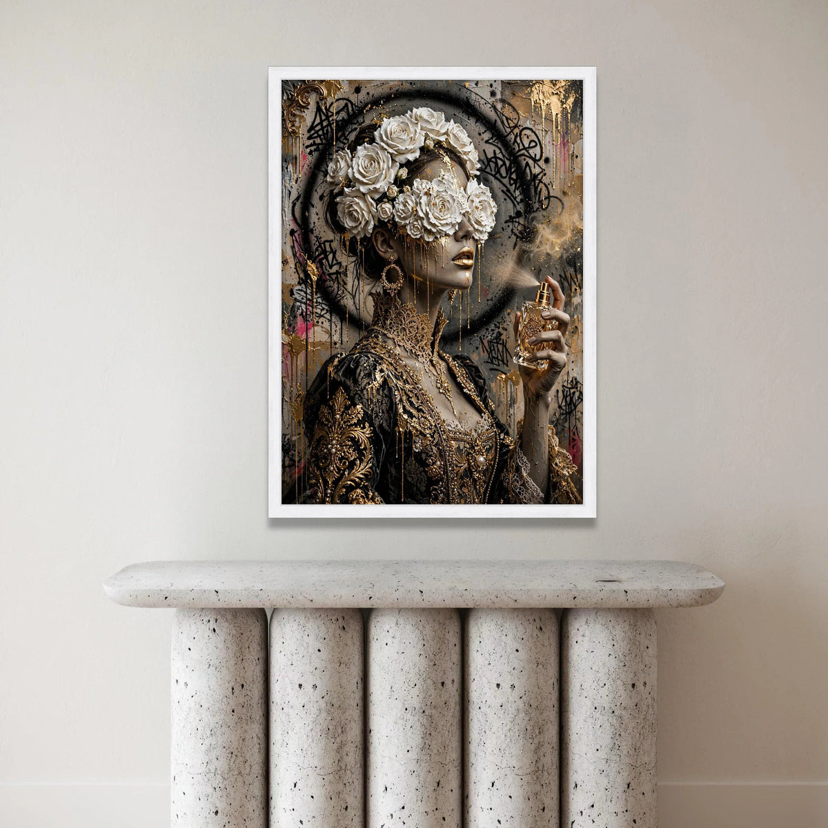 Elegant Woman with Floral Crown, Gold Accents Canvas, Luxury Portrait Wall Art, Modern Baroque Style Canvas, Glamorous Home Canvas Print Art