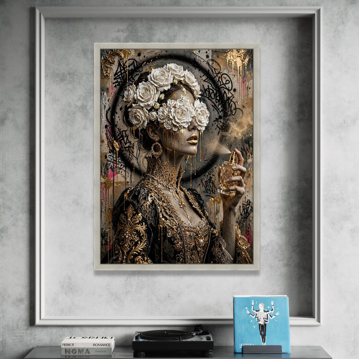 Elegant Woman with Floral Crown, Gold Accents Canvas, Luxury Portrait Wall Art, Modern Baroque Style Canvas, Glamorous Home Canvas Print Art